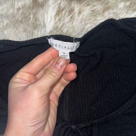 Socialite black ribbed short sleeve bodysuit with tie keyhole top | Sz S - Picture 3 of 5